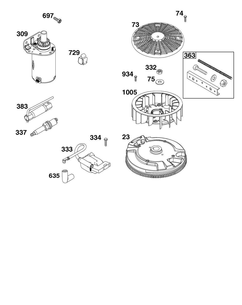 Flywheel, Ignition, And Starter Group Diagram and Parts List for 44U577-0002-H5 400000 - 699999 Briggs and Stratton Engine